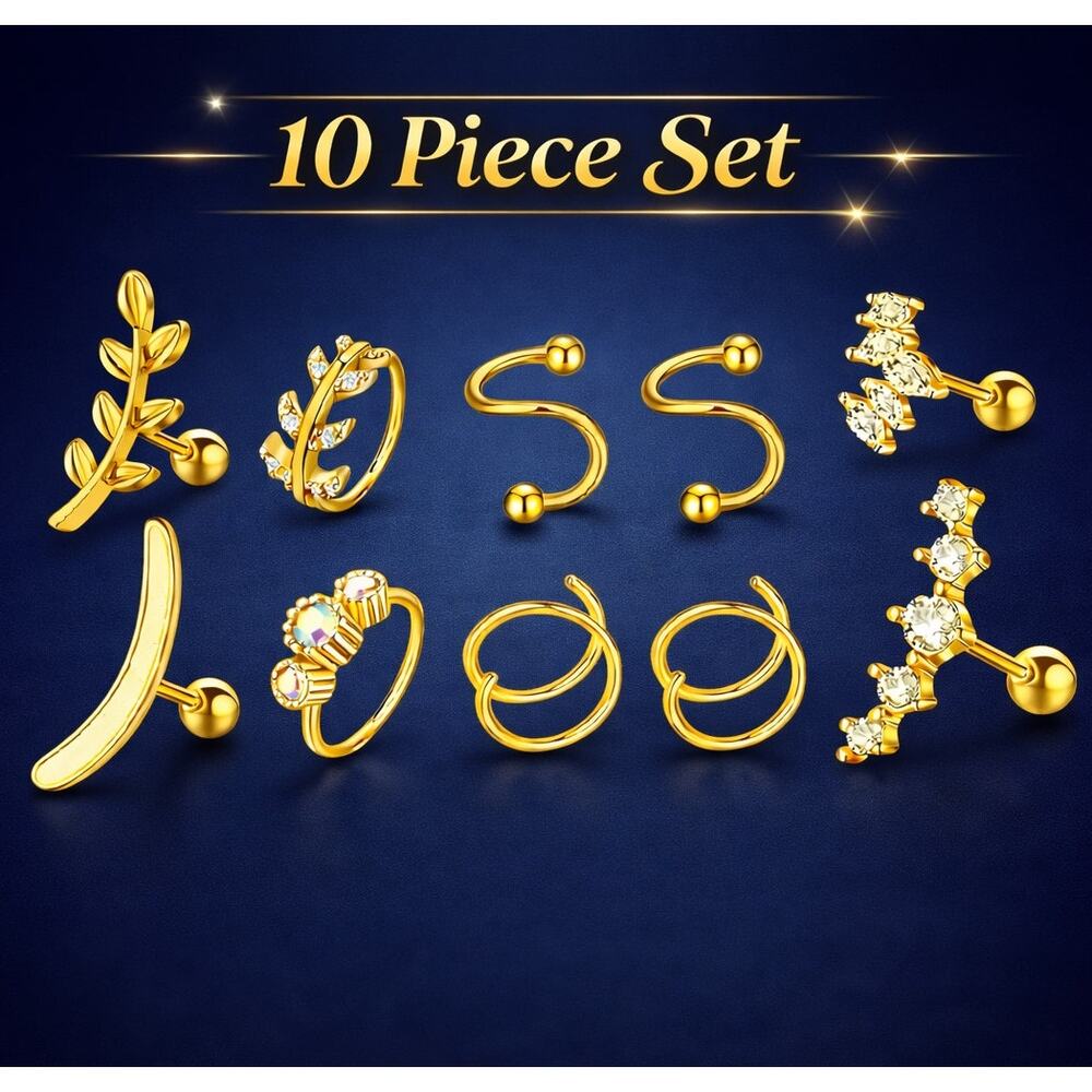 10 Pc Gold Polished CZ 316L Stainless Hypo Cartilage Earrings Body Jewelry Set